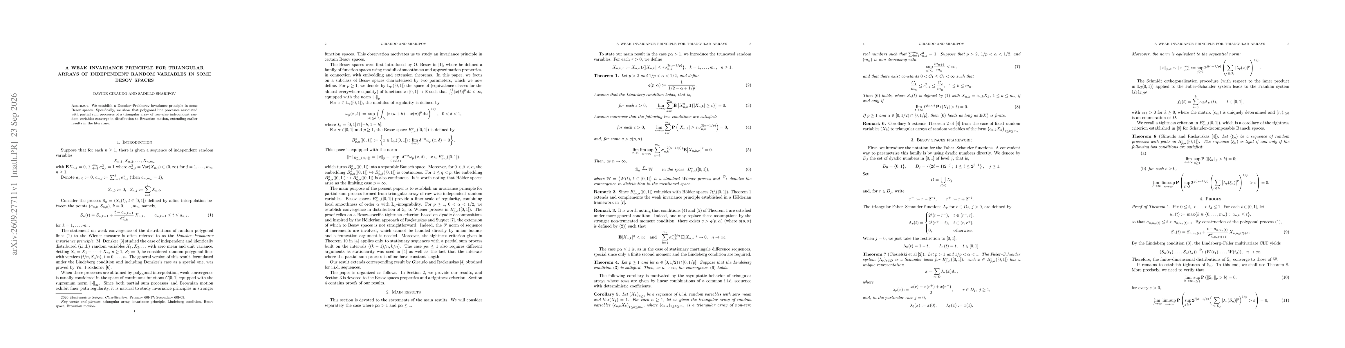 Thumbnail for A weak invariance principle for triangular arrays of independent random variables in some Besov spaces