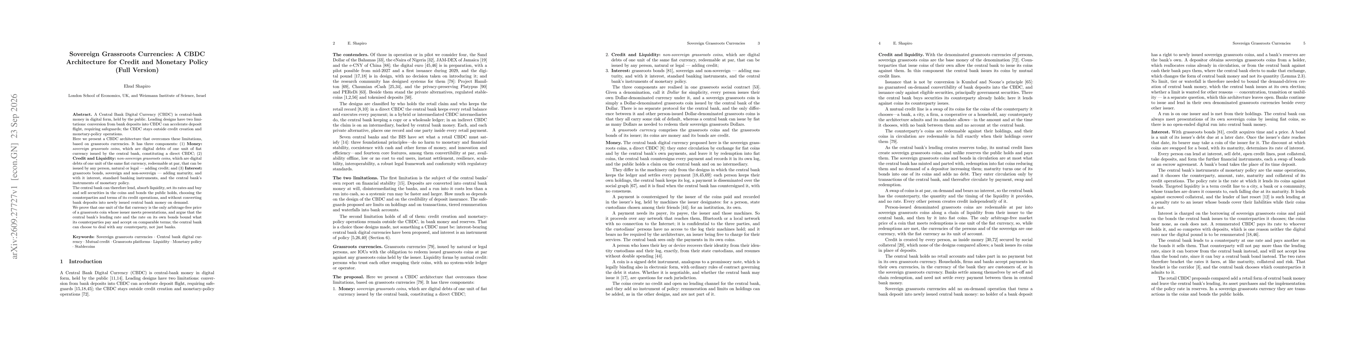 Thumbnail for Sovereign Grassroots Currencies: A CBDC Architecture for Credit and Monetary Policy (Full Version)