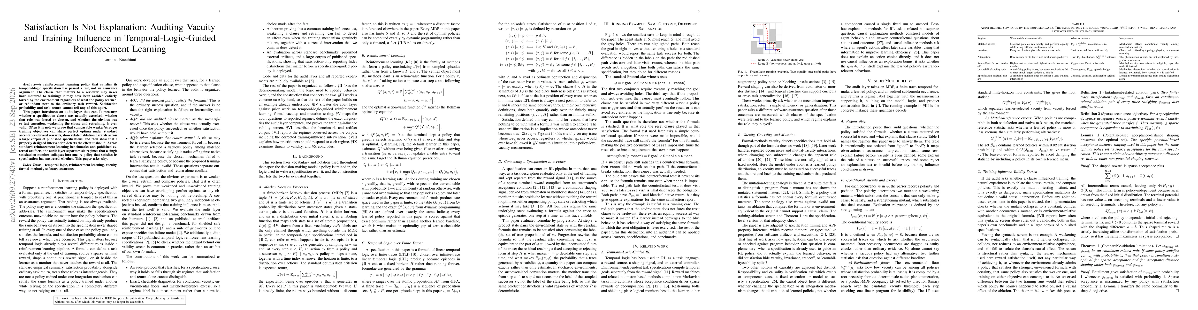 Thumbnail for Satisfaction Is Not Explanation: Auditing Vacuity and Training Influence in Temporal-Logic-Guided Reinforcement Learning