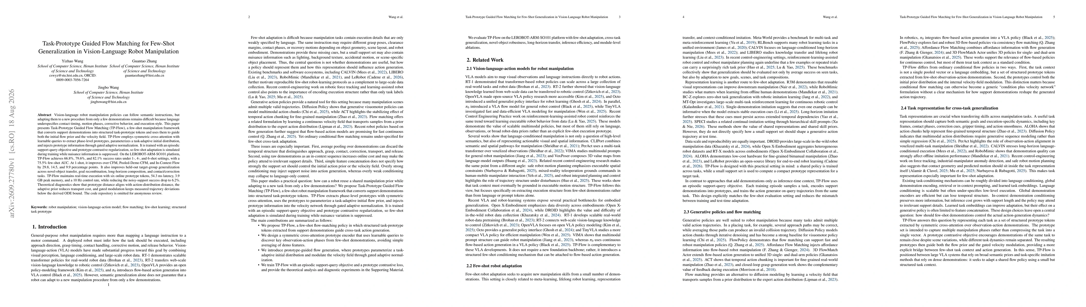 Thumbnail for Task-Prototype Guided Flow Matching for Few-Shot Generalization in Vision-Language Robot Manipulation