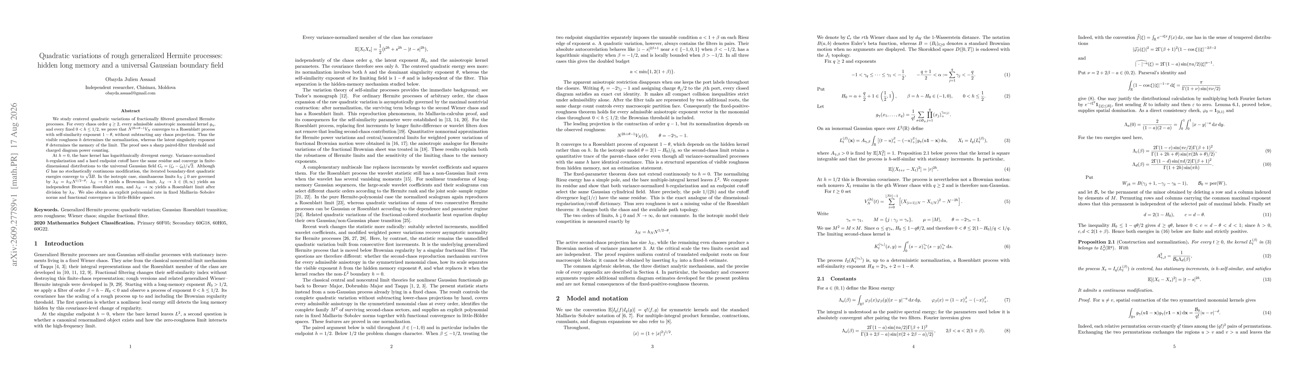 Thumbnail for Quadratic variations of rough generalized Hermite processes: hidden long memory and a universal Gaussian boundary field