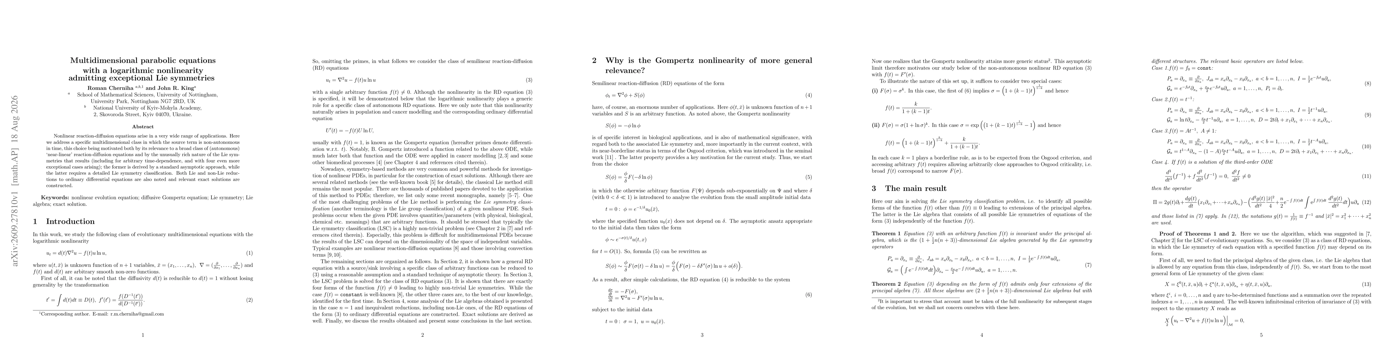 Thumbnail for Multidimensional parabolic equations with a logarithmic nonlinearity admitting exceptional Lie symmetries