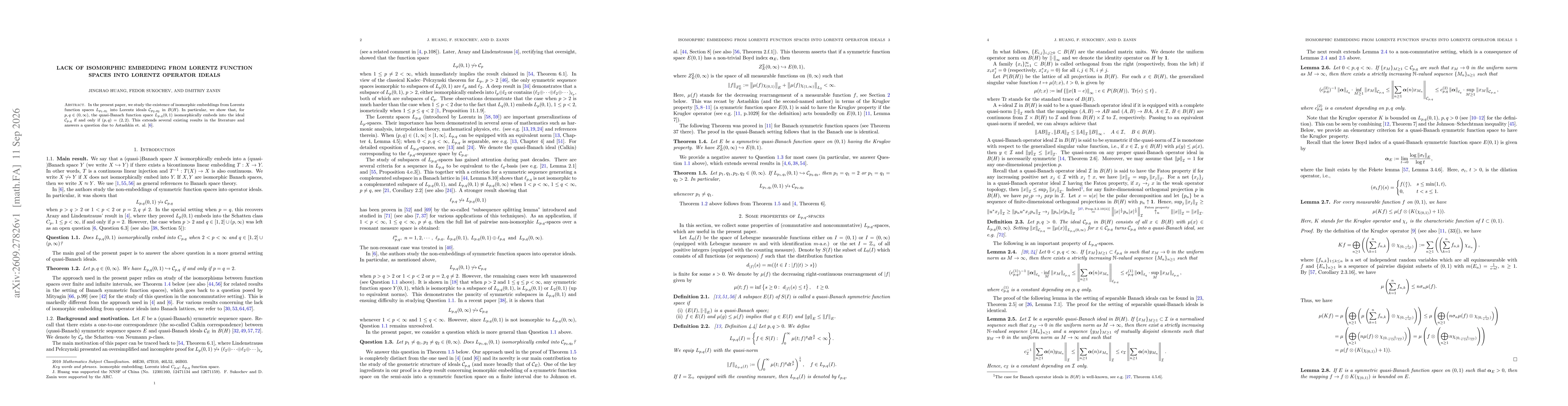 Thumbnail for Lack of isomorphic embedding from Lorentz function spaces into Lorentz operator ideals