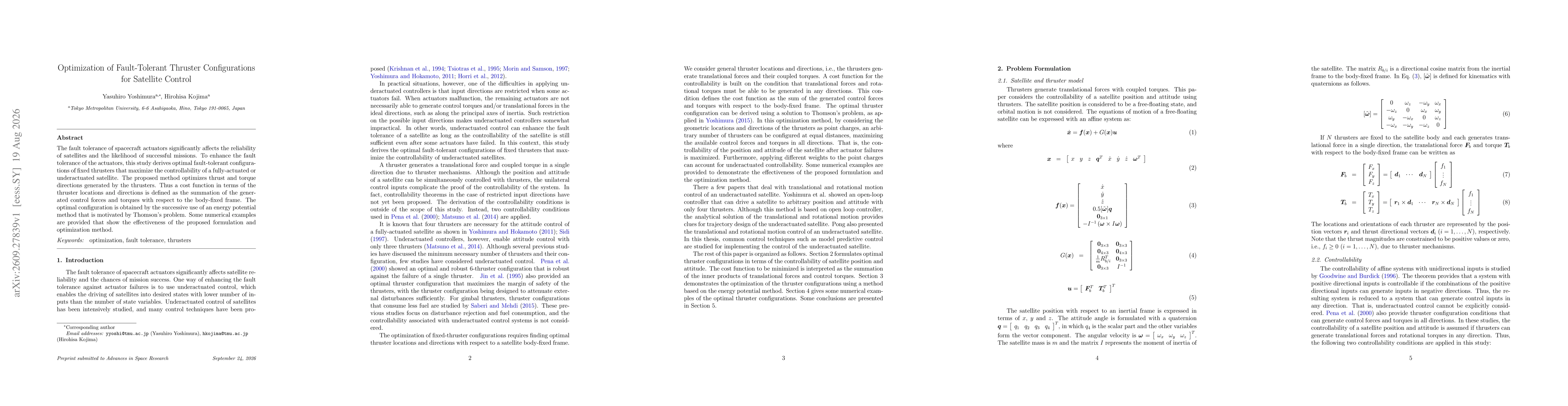 Thumbnail for Optimization of Fault-Tolerant Thruster Configurations for Satellite Control