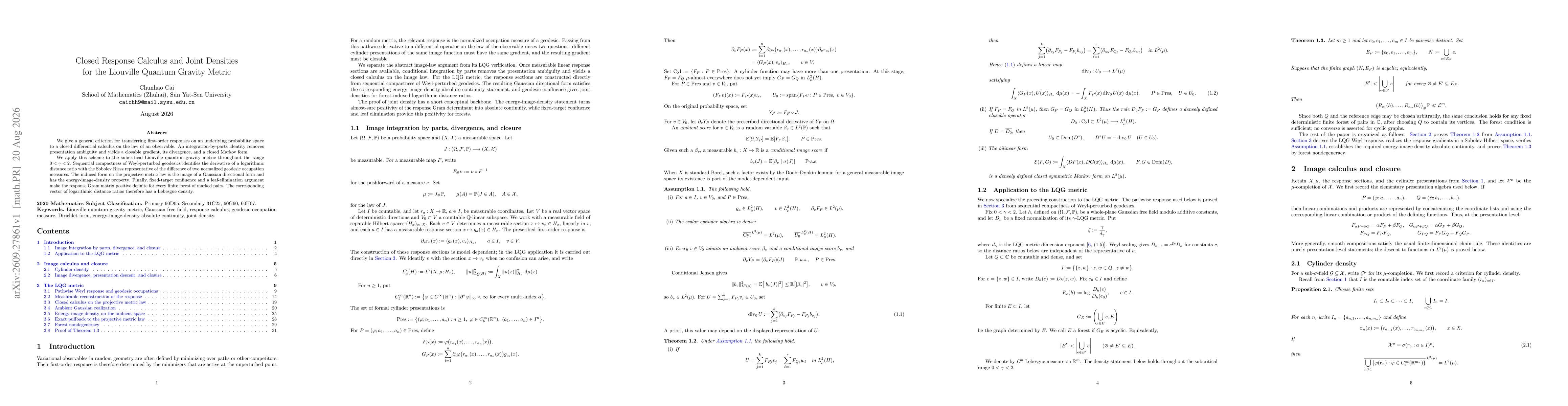 Thumbnail for Closed Response Calculus and Joint Densities for the Liouville Quantum Gravity Metric