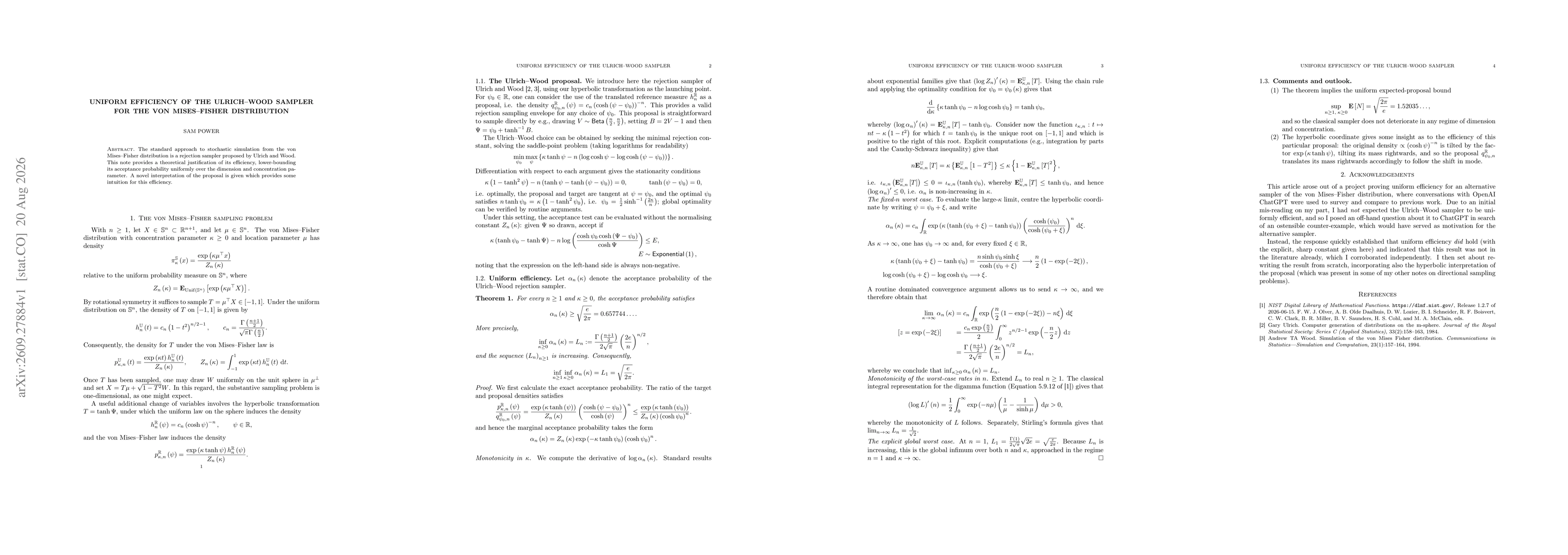 Thumbnail for Uniform efficiency of the Ulrich-Wood sampler for the von Mises-Fisher distribution