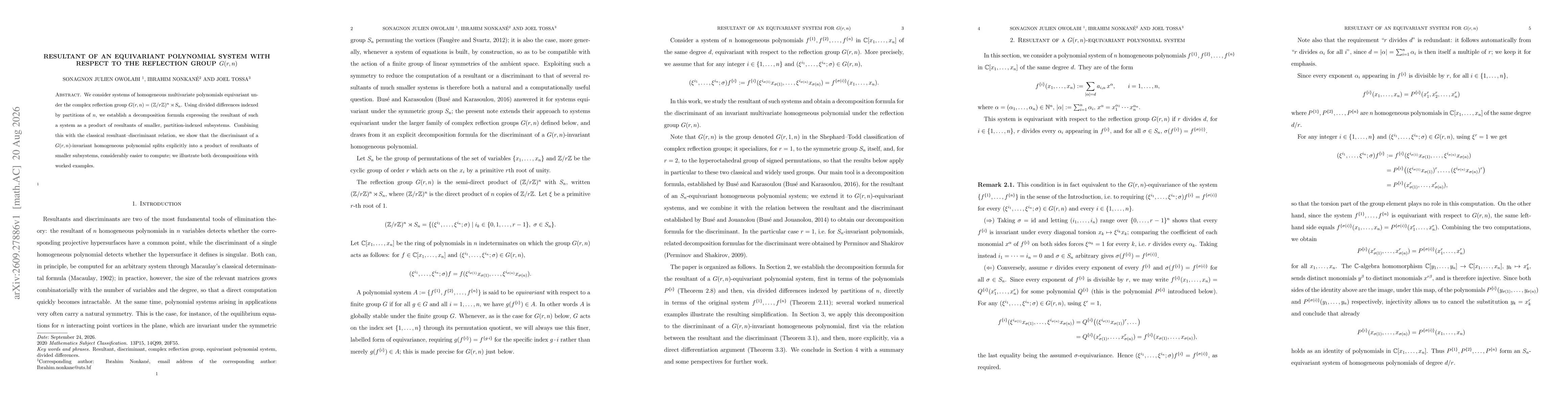 Thumbnail for Resultant of an equivariant polynomial system with respect to the reflection group $G(r,n)$