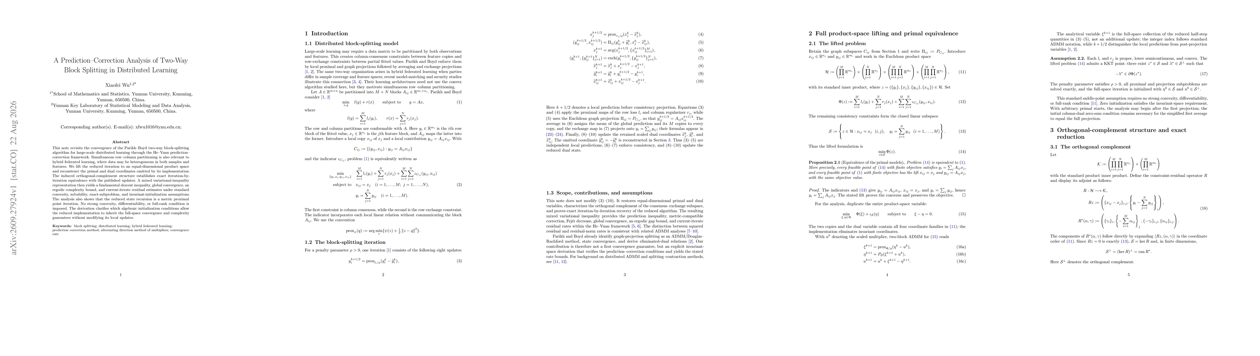 Thumbnail for A Prediction--Correction Analysis of Two-Way Block Splitting in Distributed Learning