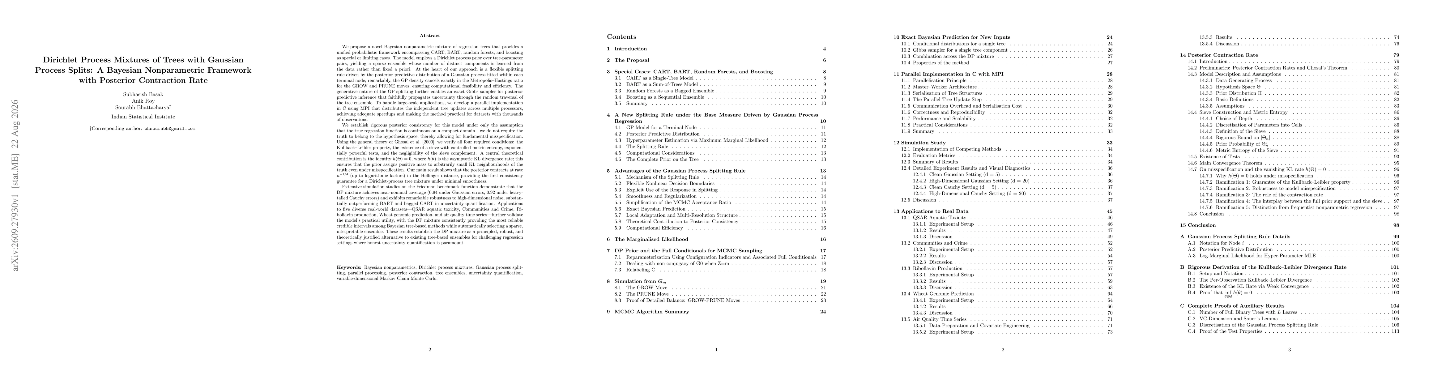 Thumbnail for Dirichlet Process Mixtures of Trees with Gaussian Process Splits: A Bayesian Nonparametric Framework with Posterior Contraction Rate