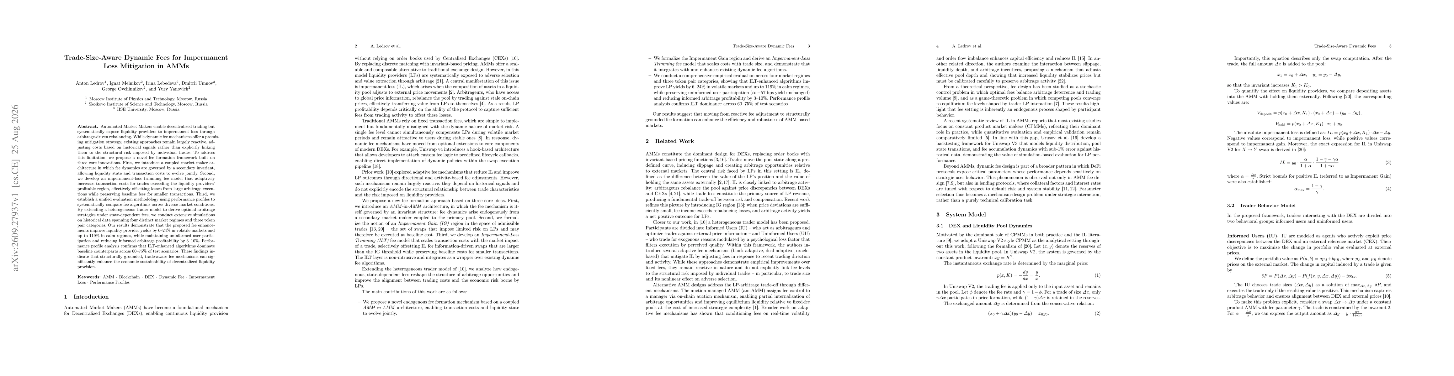 Thumbnail for Trade-Size-Aware Dynamic Fees for Impermanent Loss Mitigation in AMMs