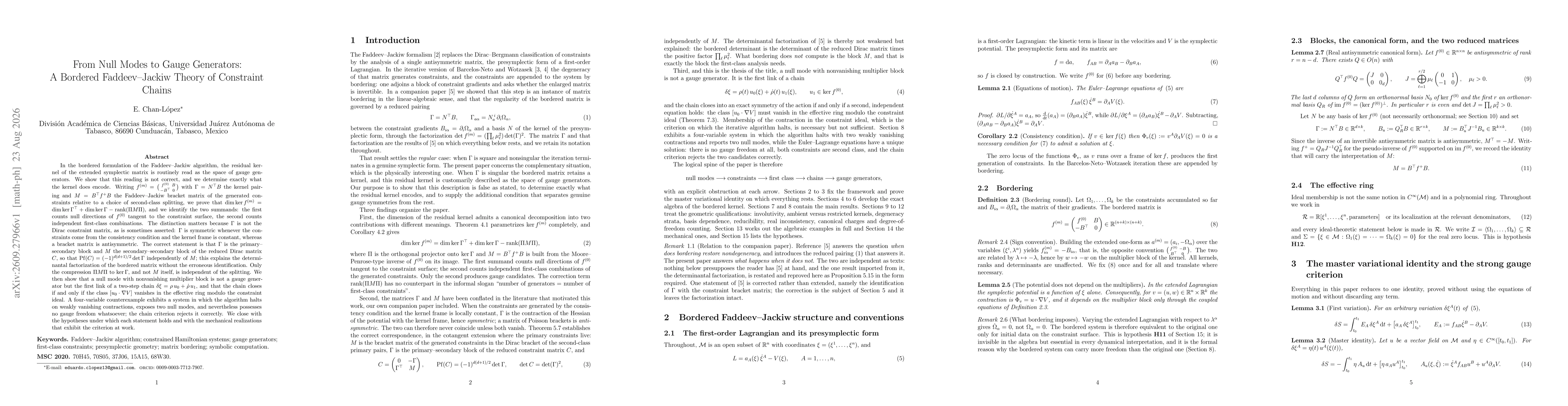 Thumbnail for From Null Modes to Gauge Generators: A Bordered Faddeev--Jackiw Theory of Constraint Chains