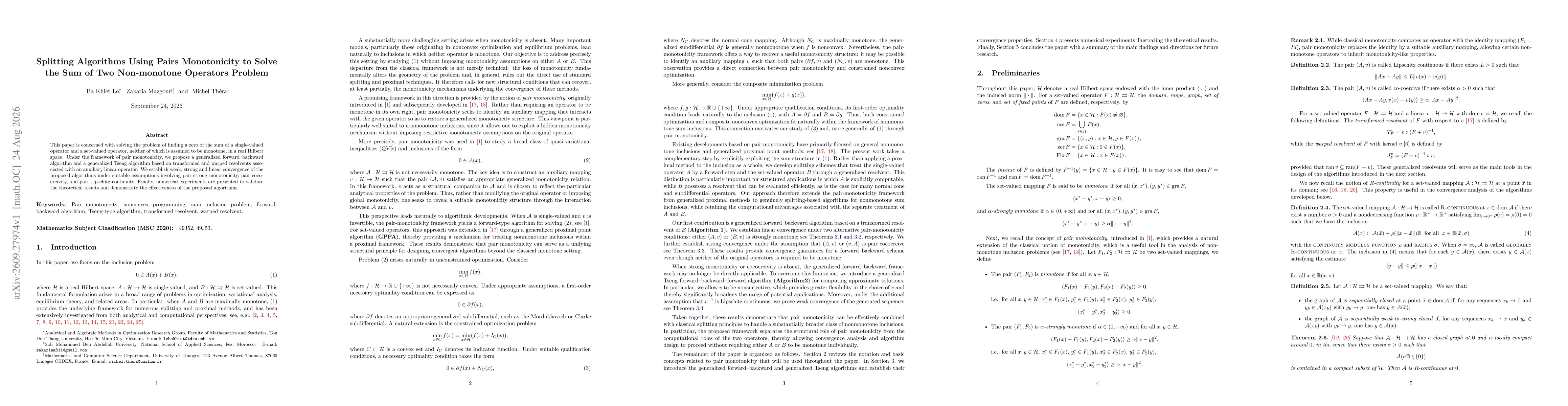 Thumbnail for Splitting Algorithms Using Pairs Monotonicity to Solve the Sum of Two Non-monotone Operators Problem