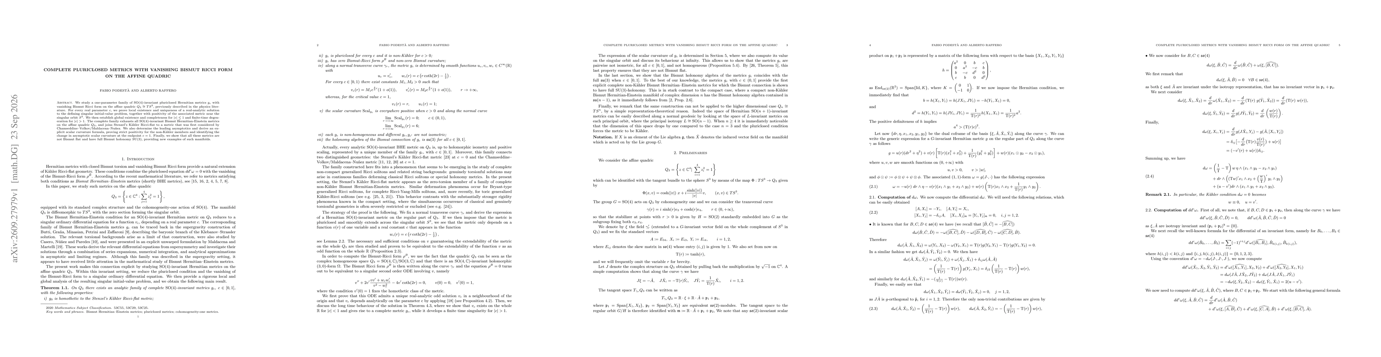 Thumbnail for Complete pluriclosed metrics with vanishing Bismut Ricci form on the affine quadric