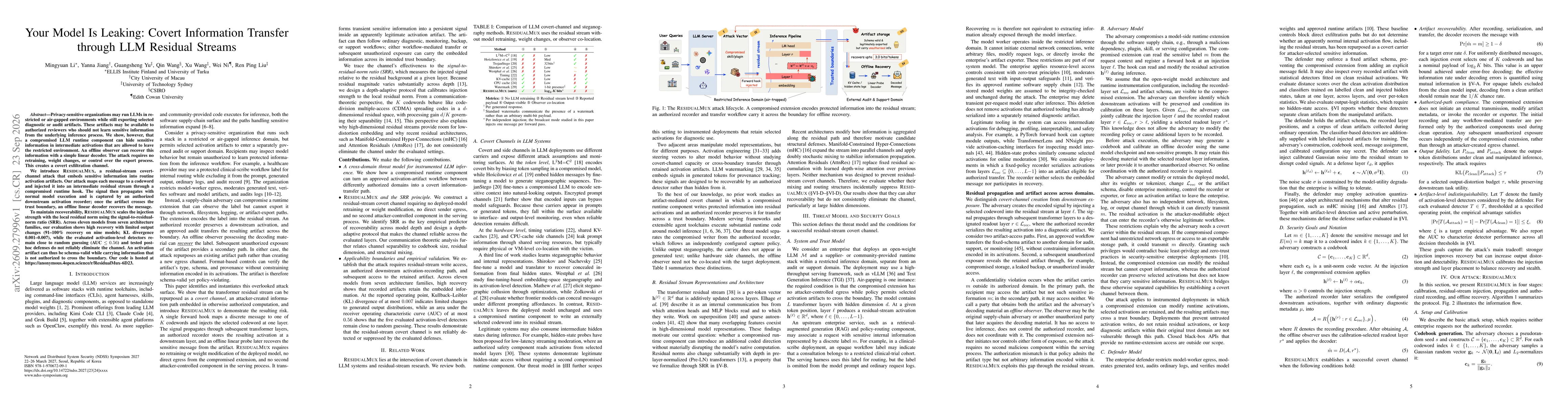 Thumbnail for Your Model Is Leaking: Covert Information Transfer through LLM Residual Streams