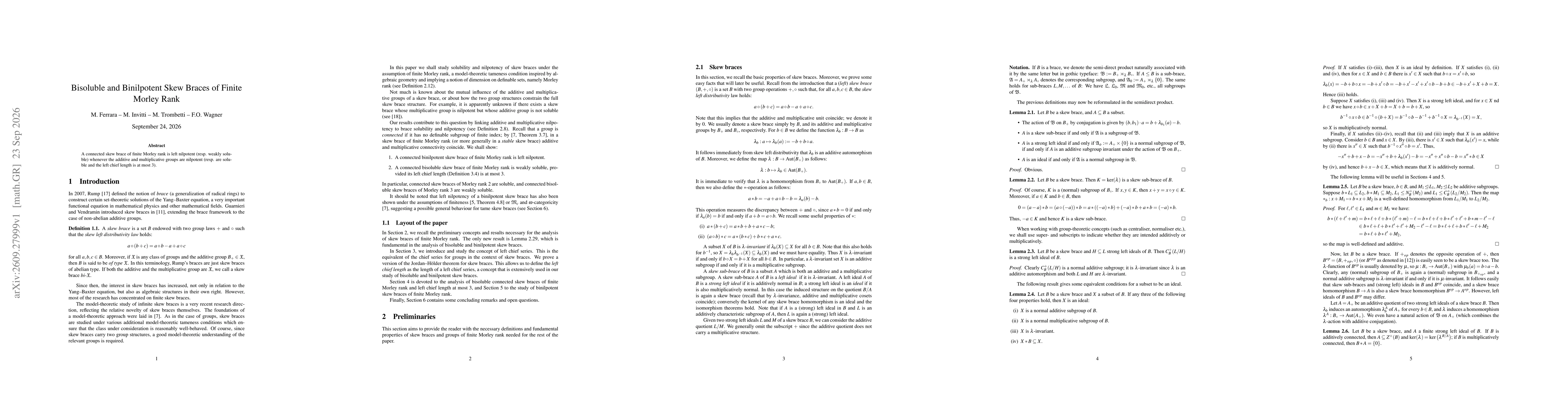 Thumbnail for Bisoluble and Binilpotent Skew Braces of Finite Morley Rank