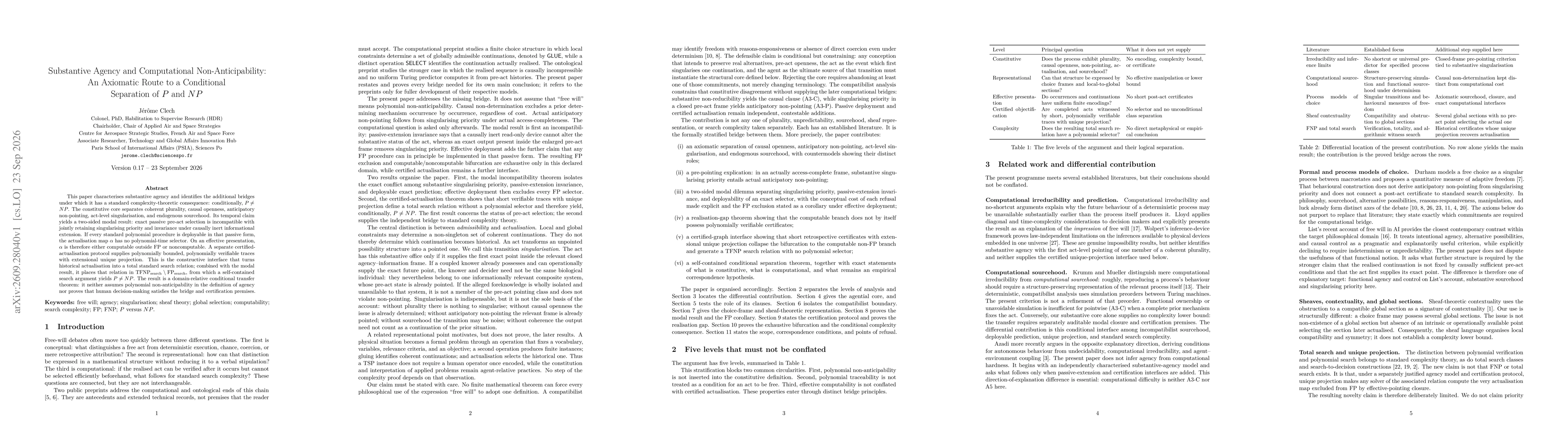 Thumbnail for Substantive Agency and Computational Non-Anticipability: An Axiomatic Route to a Conditional Separation of P and N P