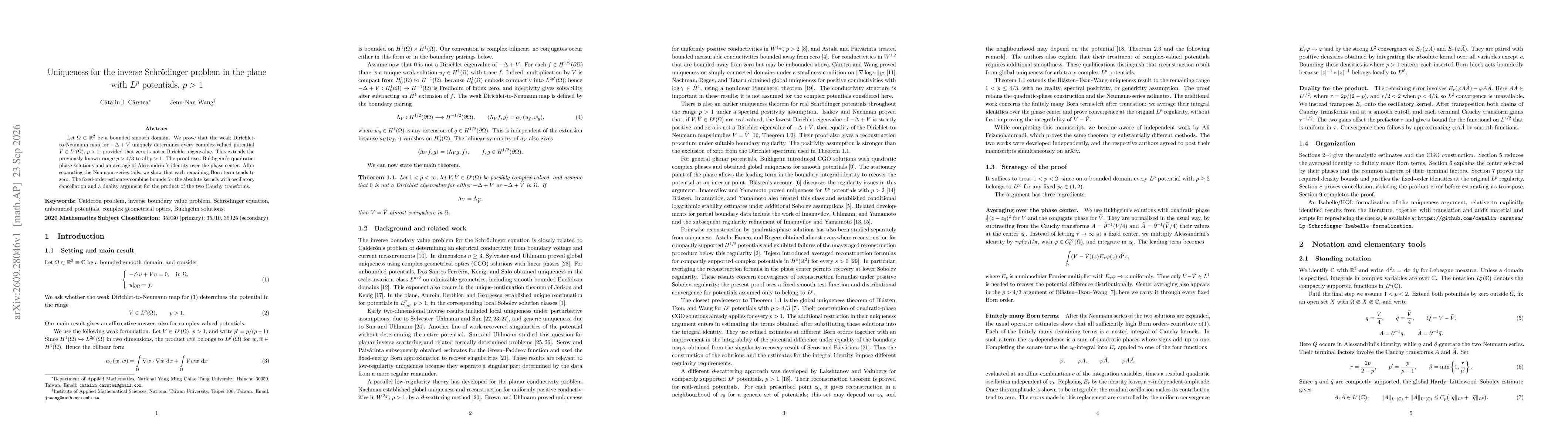 Thumbnail for Uniqueness for the inverse Schrödinger problem in the plane with $L^p$ potentials, $p>1$