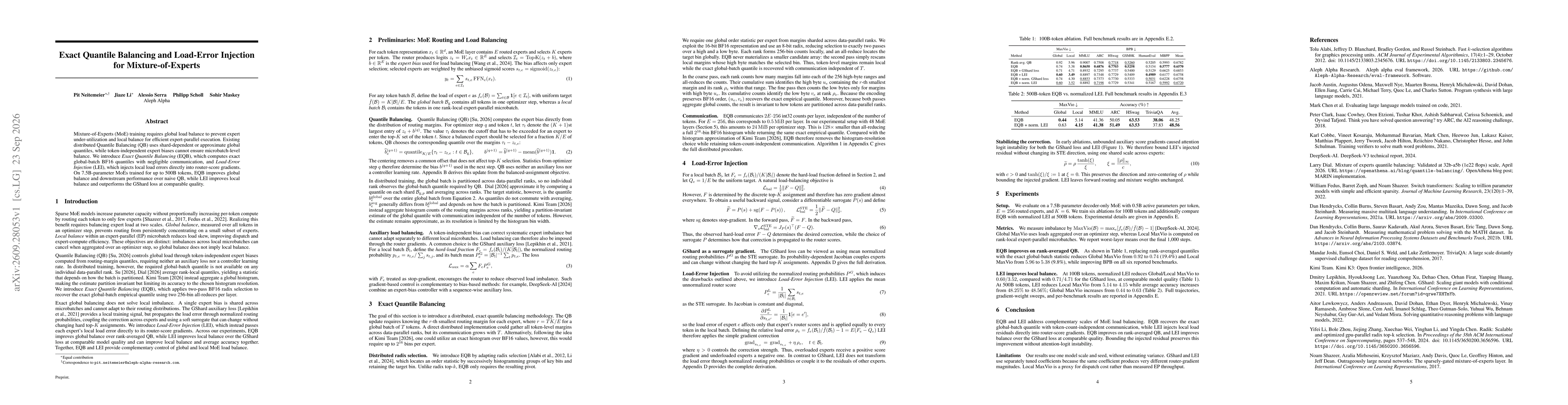 Thumbnail for Exact Quantile Balancing and Load-Error Injection for Mixture-of-Experts