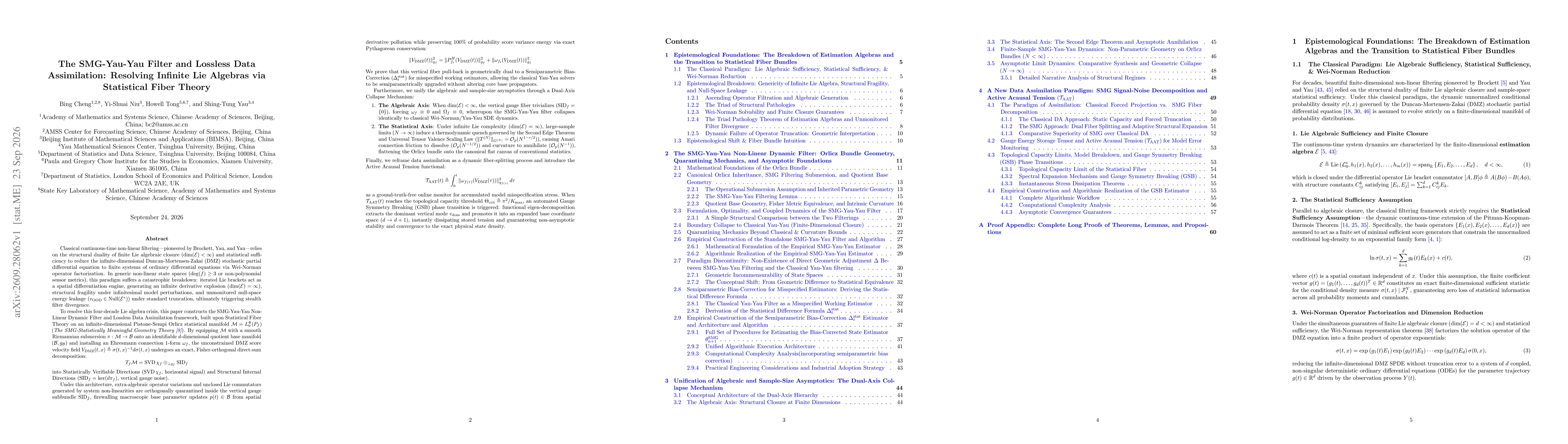 Thumbnail for The SMG-Yau-Yau Filter and Lossless Data Assimilation: Resolving Infinite Lie Algebras via Statistical Fiber Theory