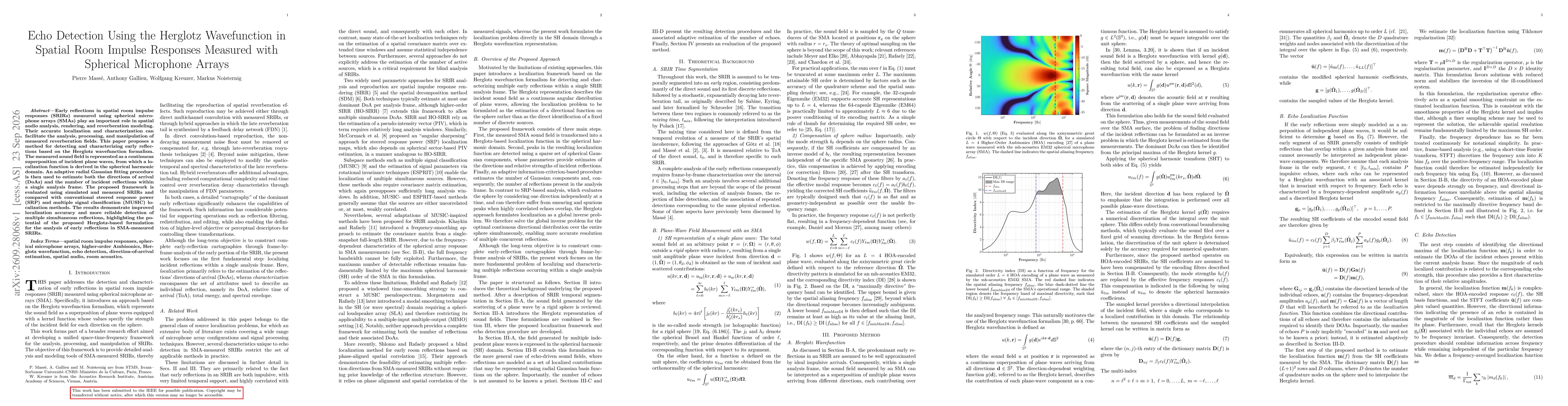 Thumbnail for Echo Detection in Spatial Room Impulse Responses Measured with Spherical Microphone Arrays Using the Herglotz Wavefunction
