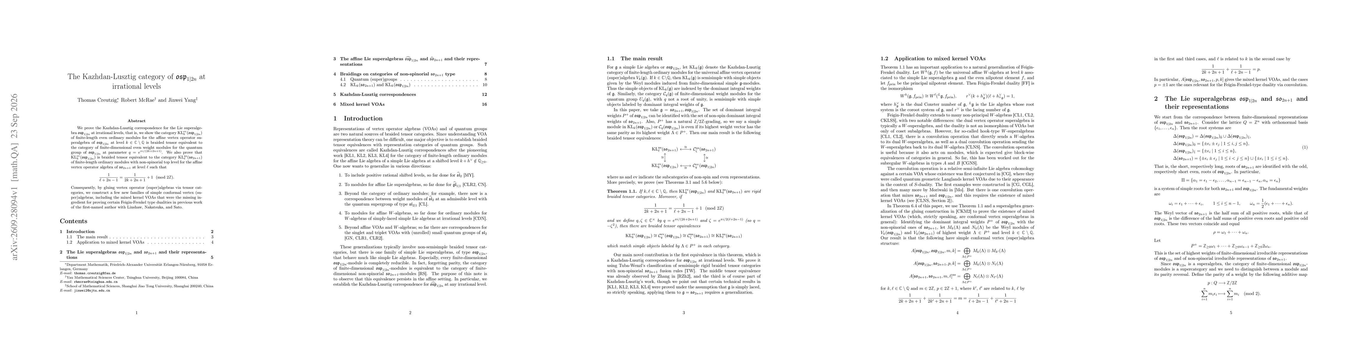 Thumbnail for The Kazhdan-Lusztig category of $\mathfrak{osp}_{1|2n}$ at irrational levels