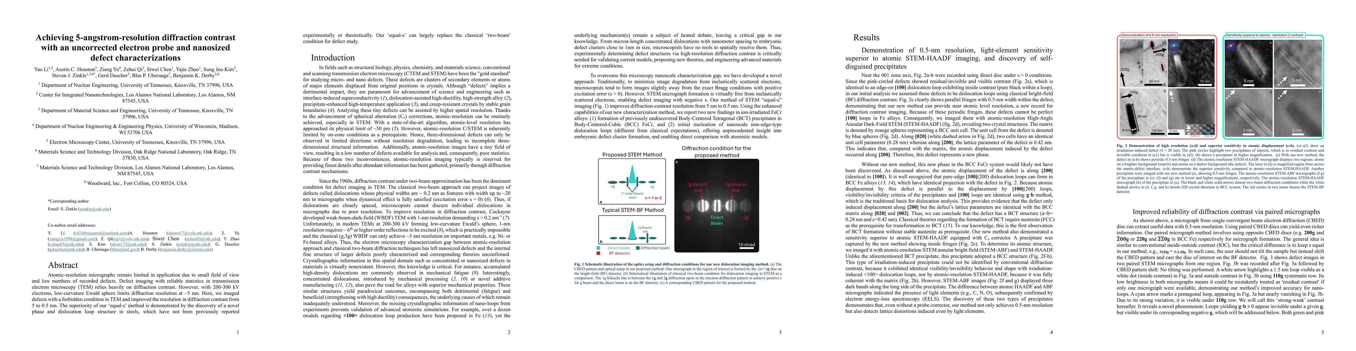 Thumbnail for Achieving 5-angstrom-resolution diffraction contrast with an uncorrected electron probe and nanosized defect characterizations