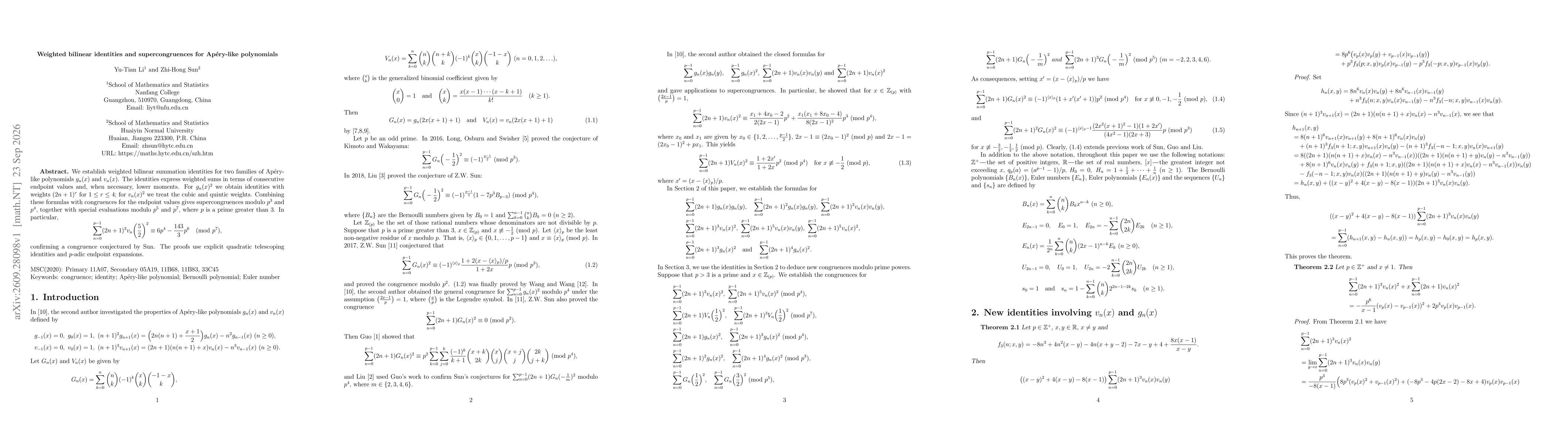 Thumbnail for Weighted bilinear identities and supercongruences for Apéry-like polynomials
