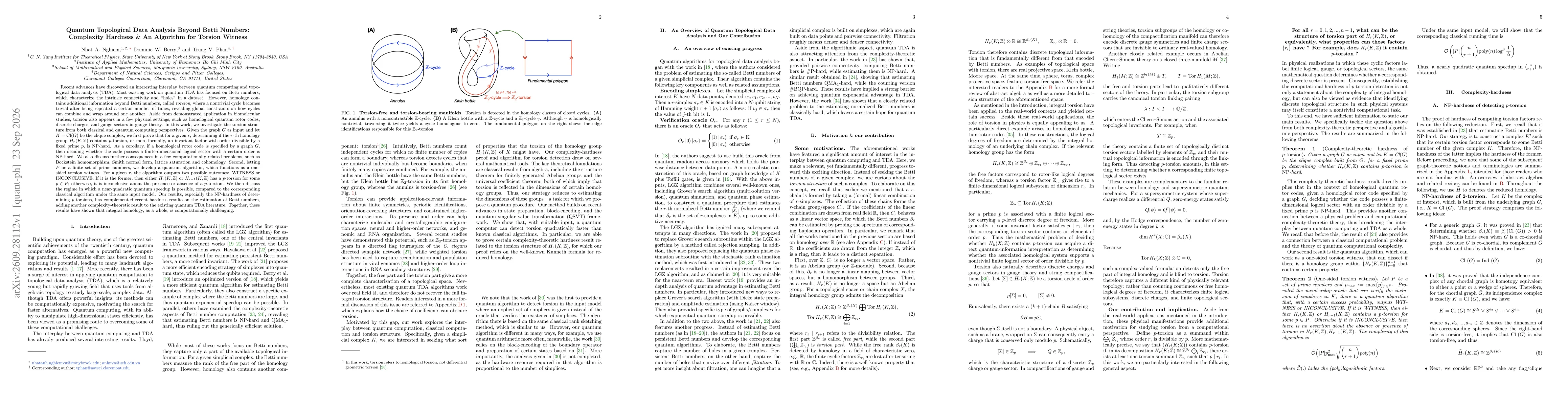 Thumbnail for Quantum Topological Data Analysis Beyond Betti Numbers: Complexity Hardness $\&$ An Algorithm for Torsion Witness