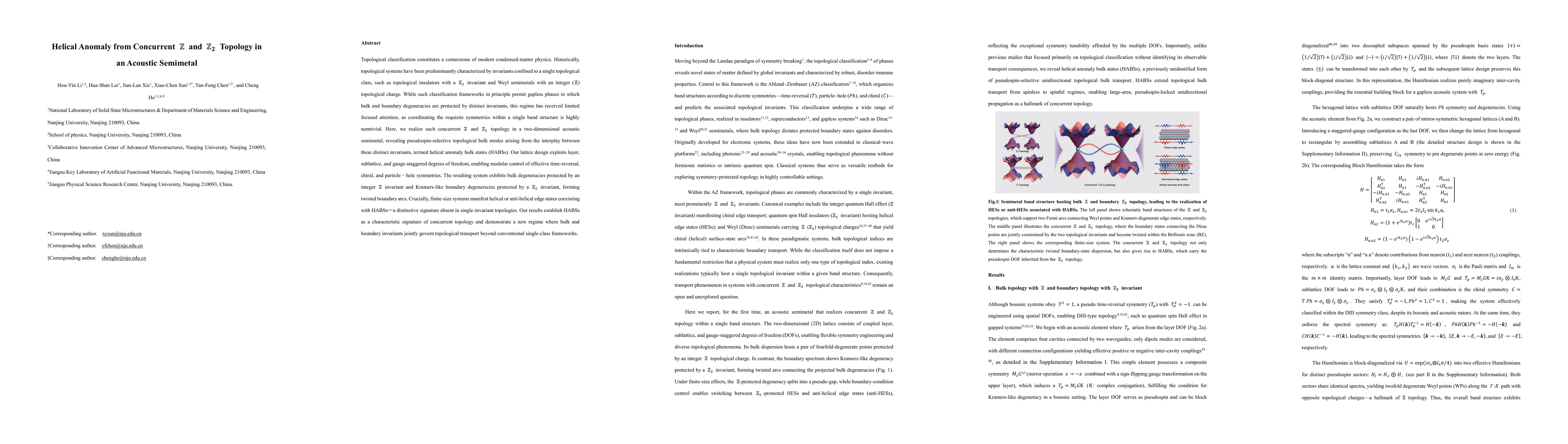 Thumbnail for Helical Anomaly from Concurrent $\mathbb{Z}$ and $\mathbb{Z}_2$ Topology in an Acoustic Semimetal