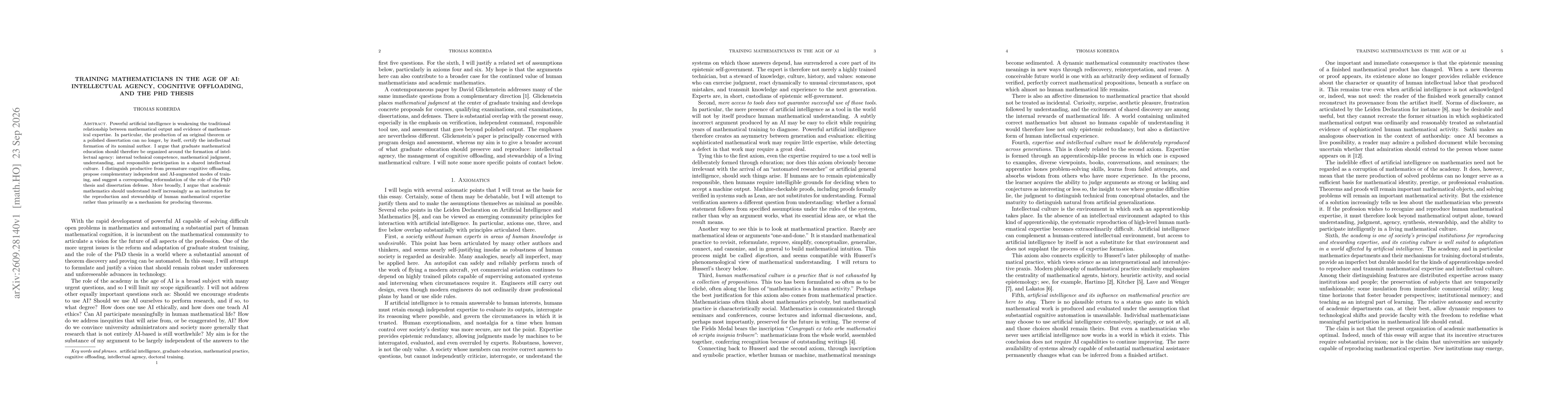 Thumbnail for Training Mathematicians in the Age of AI: Intellectual Agency, Cognitive Offloading, and the PhD Thesis