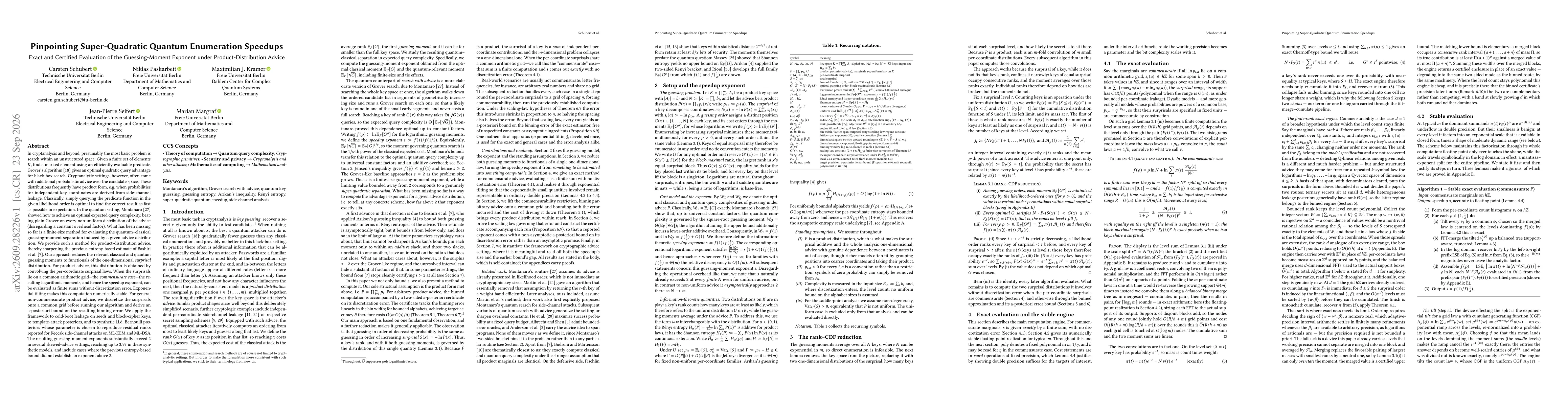 Thumbnail for Pinpointing Super-Quadratic Quantum Enumeration Speedups: Exact and Certified Evaluation of the Guessing-Moment Exponent under Product-Distribution Advice