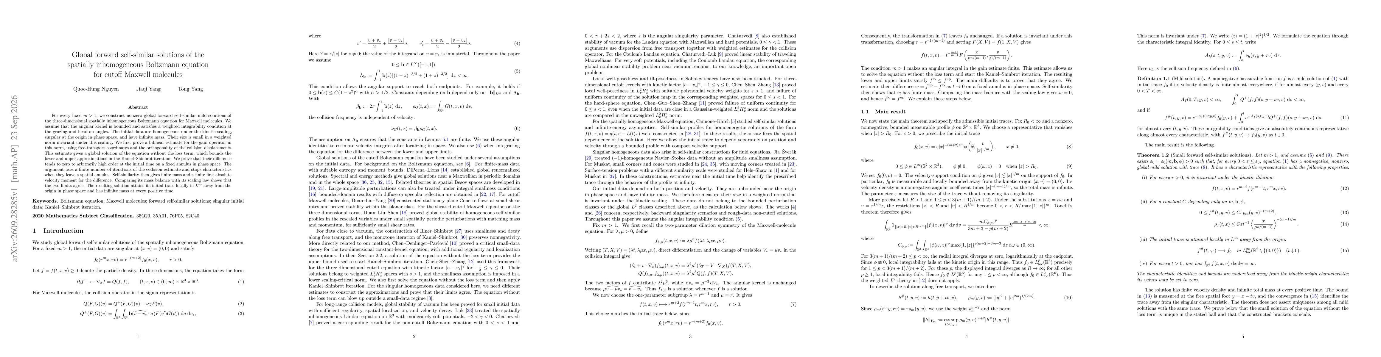 Thumbnail for Global forward self-similar solutions of the spatially inhomogeneous Boltzmann equation for cutoff Maxwell molecules