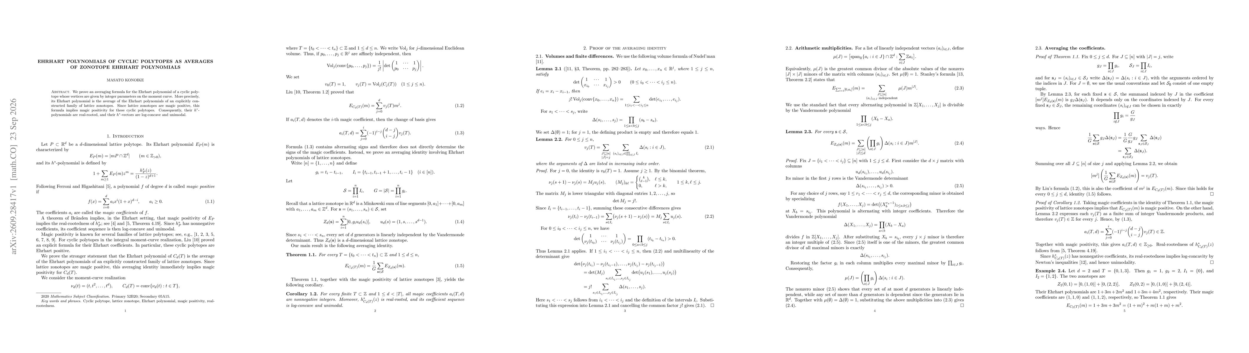 Thumbnail for Ehrhart polynomials of cyclic polytopes as averages of zonotope Ehrhart polynomials