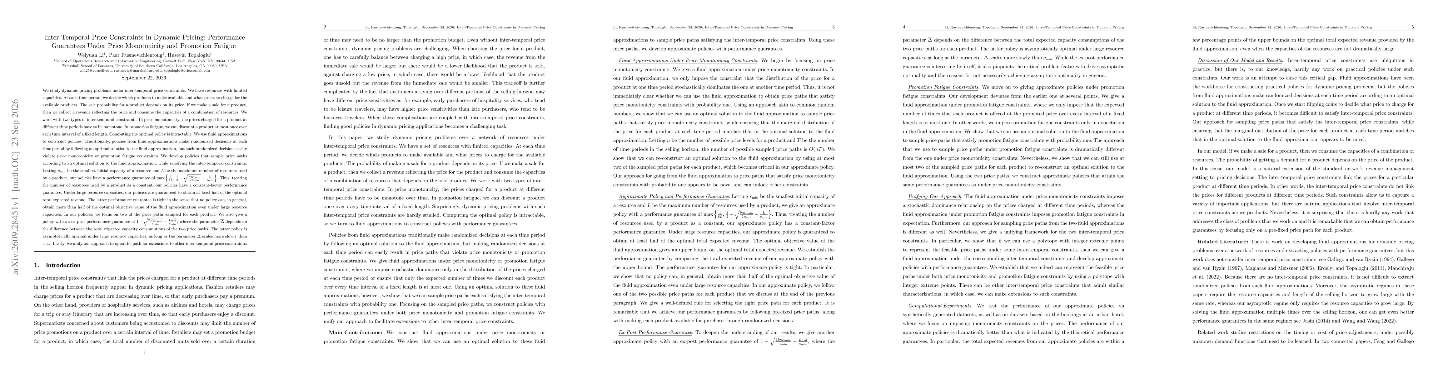 Thumbnail for Inter-Temporal Price Constraints in Dynamic Pricing: Performance Guarantees Under Price Monotonicity and Promotion Fatigue