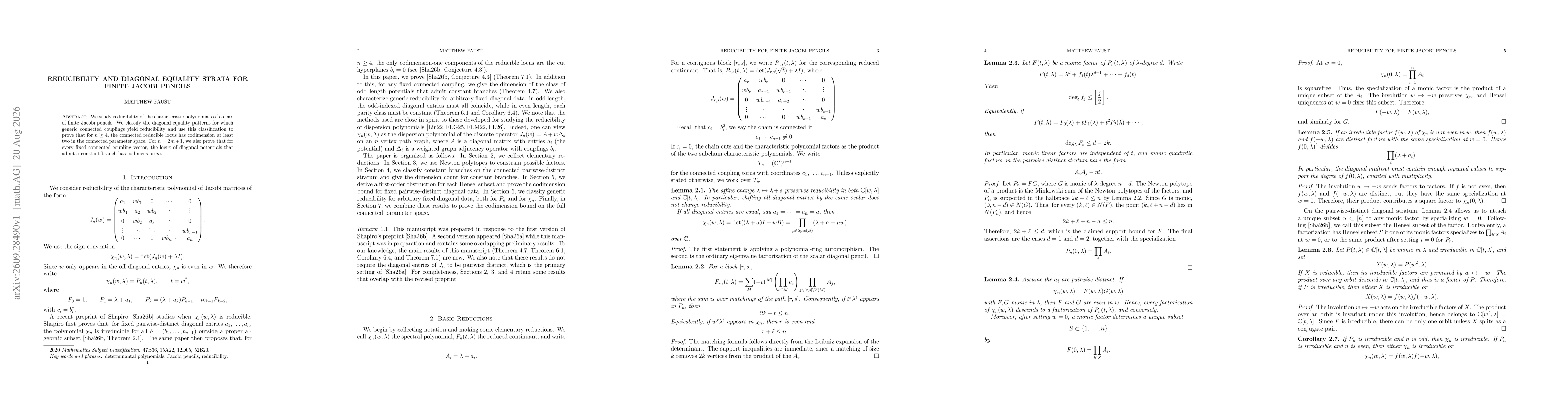 Thumbnail for Reducibility and Diagonal Equality Strata for Finite Jacobi Pencils