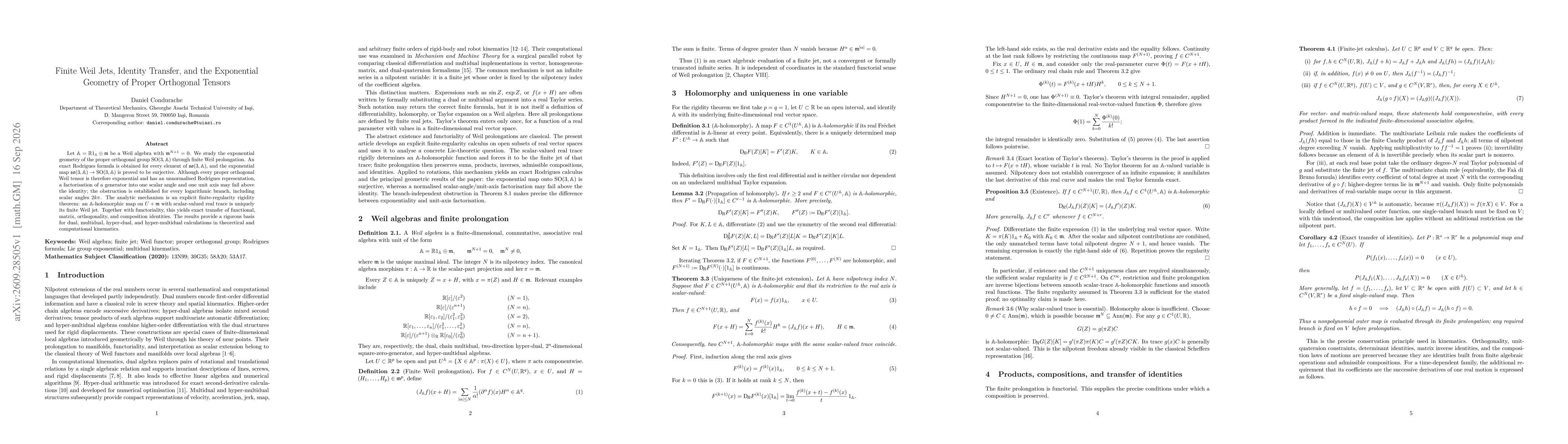 Thumbnail for Finite Weil Jets, Identity Transfer, and the Exponential Geometry of Proper Orthogonal Tensors