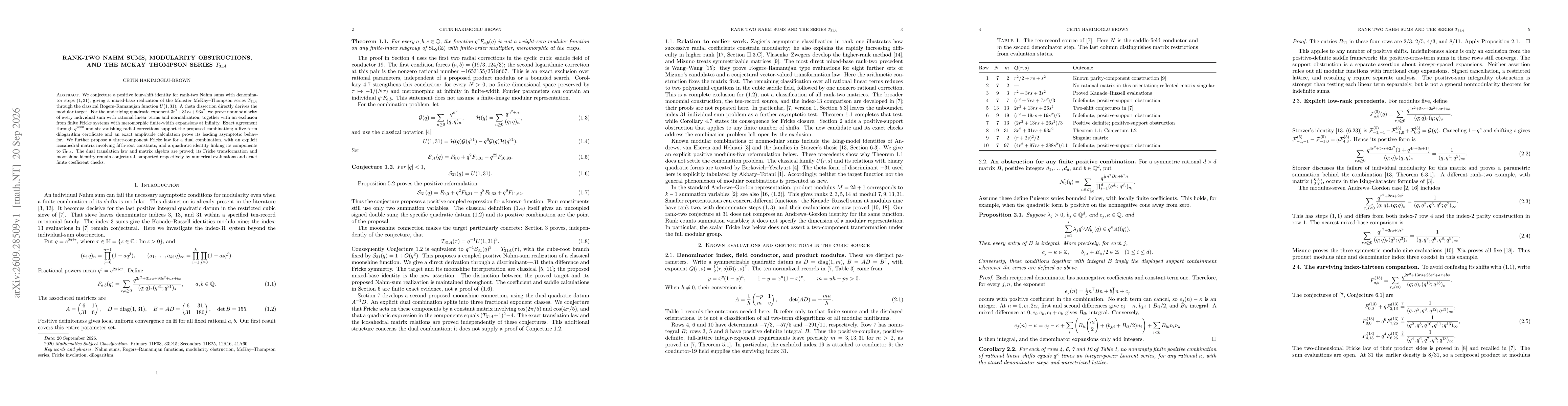 Thumbnail for Rank-two Nahm sums, modularity obstructions, and the McKay--Thompson series $T_{31A}$