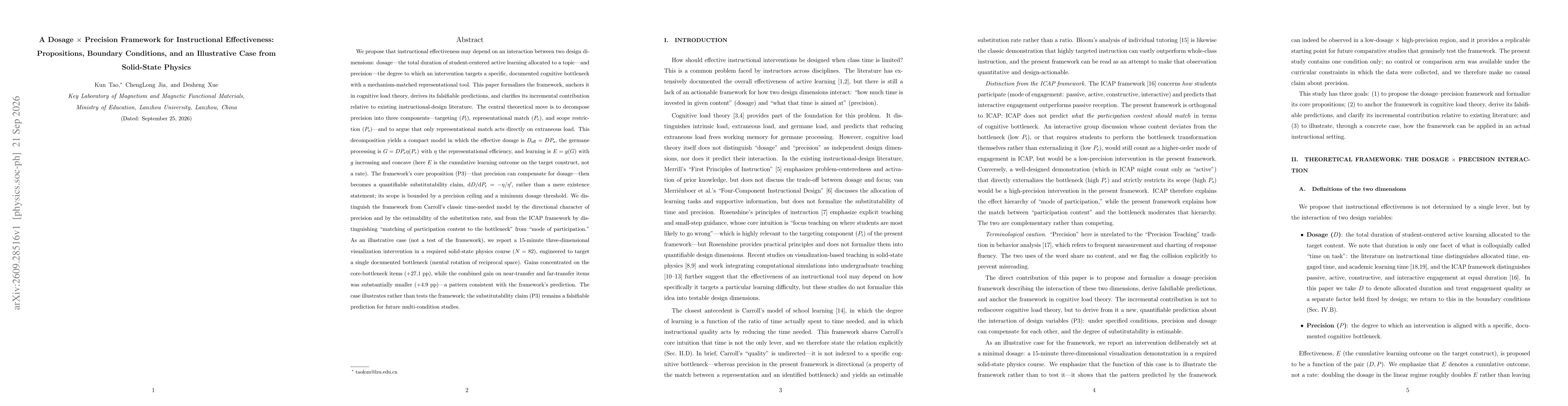 Thumbnail for A Dosage $\times$ Precision Framework for Instructional Effectiveness: Propositions, Boundary Conditions, and an Illustrative Case from Solid-State Physics