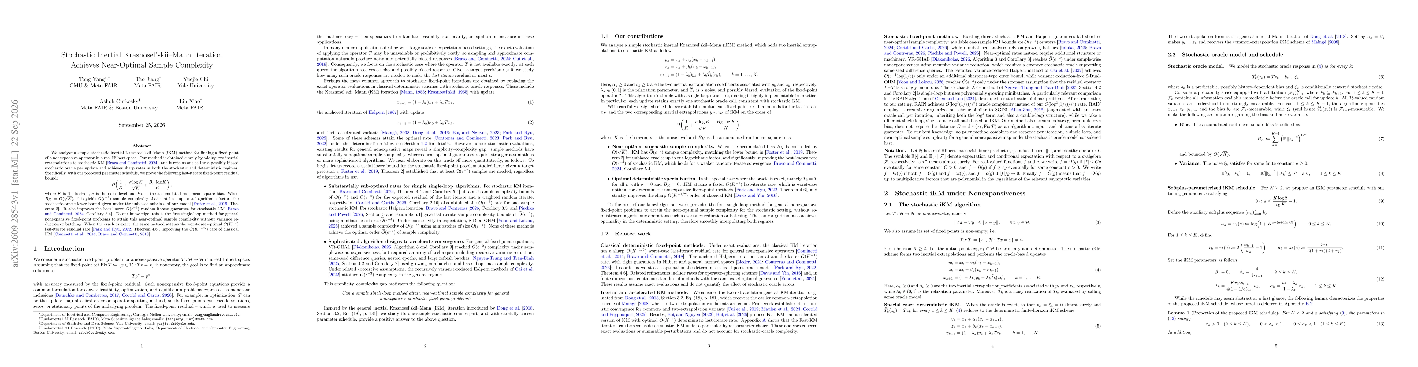 Thumbnail for Stochastic Inertial Krasnosel'skii-Mann Iteration Achieves Near-Optimal Sample Complexity