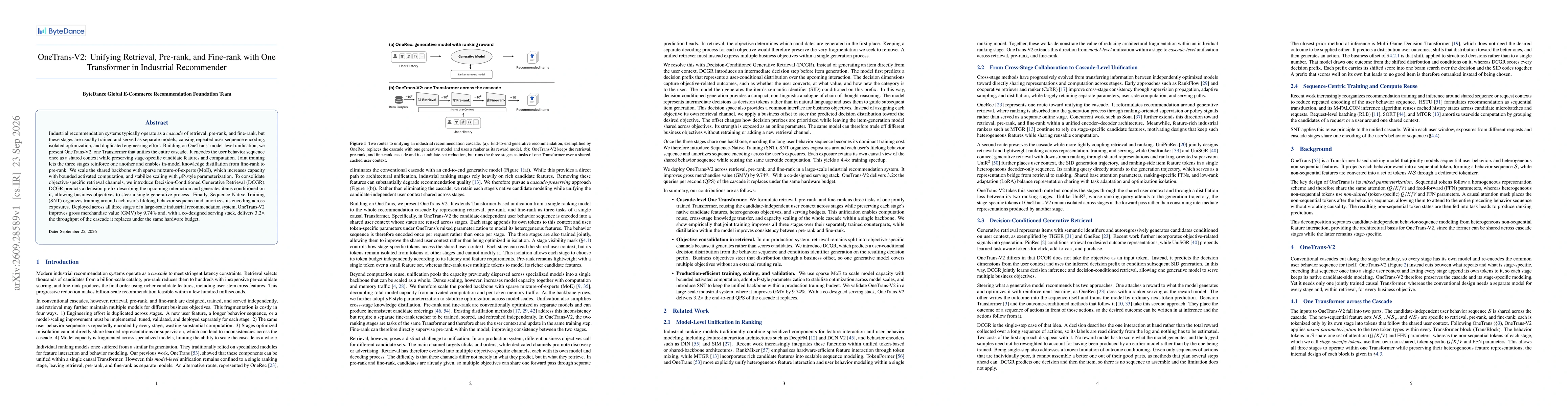Thumbnail for OneTrans-V2: Unifying Retrieval, Pre-rank, and Fine-rank with One Transformer in Industrial Recommender