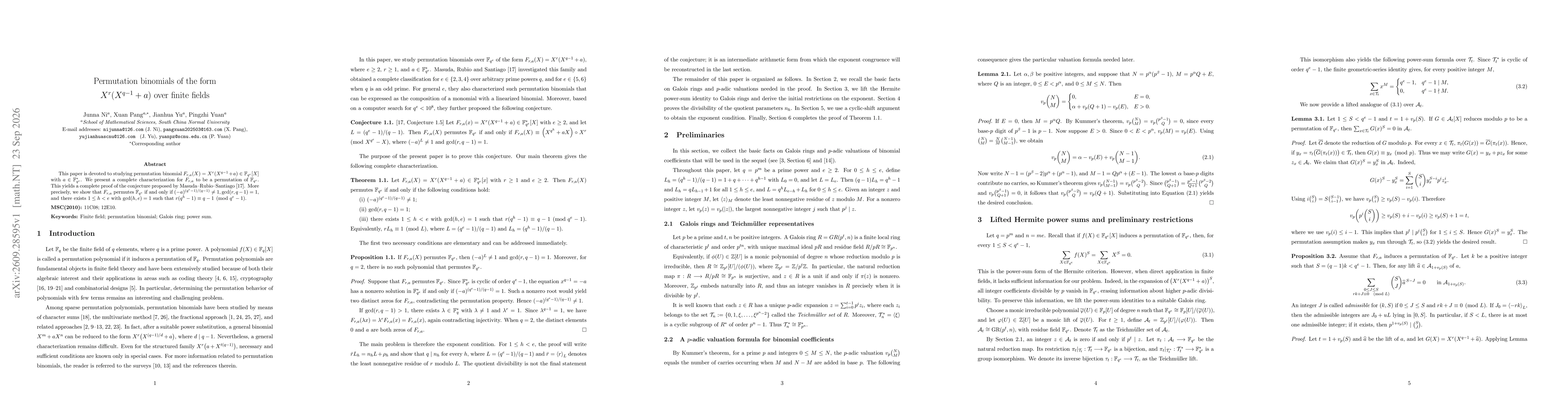 Thumbnail for Permutation binomials of the form $X^r(X^{q-1}+a)$ over finite fields