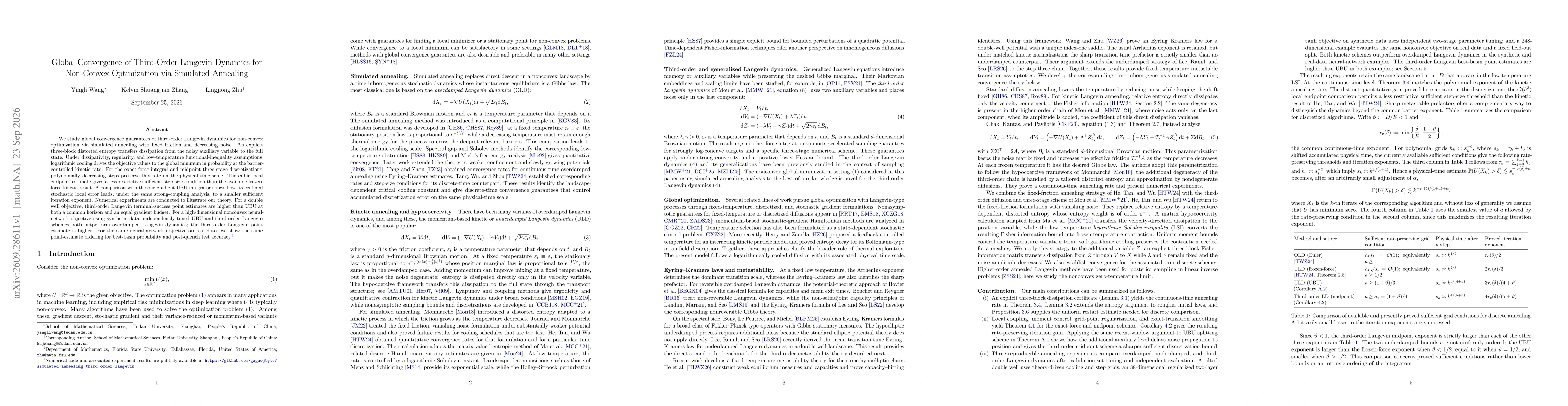 Thumbnail for Global Convergence of Third-Order Langevin Dynamics for Non-Convex Optimization via Simulated Annealing
