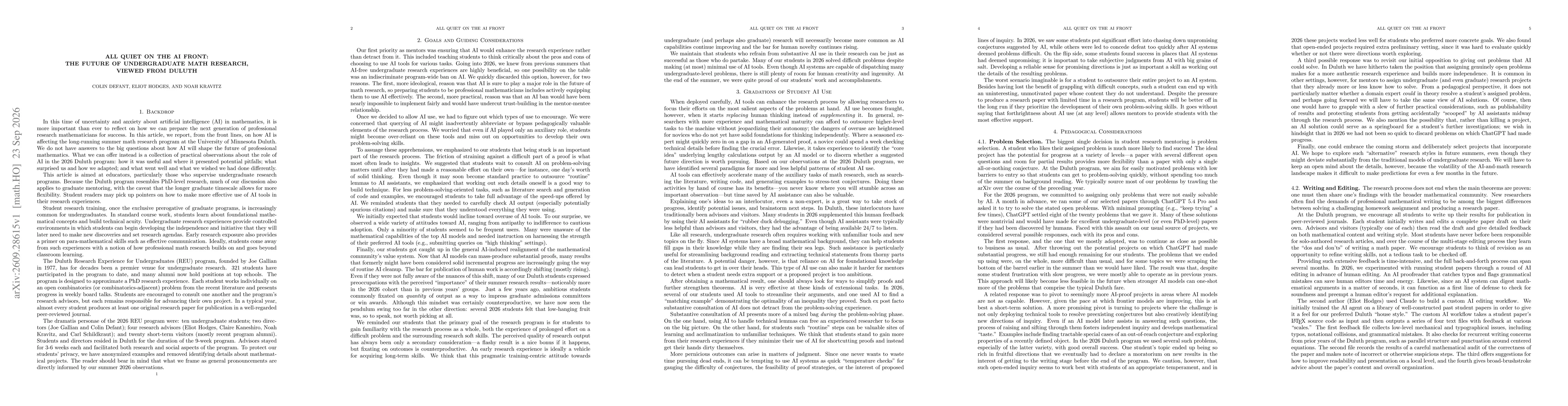 Thumbnail for All Quiet on the AI Front: The Future of Undergraduate Math Research, Viewed from Duluth