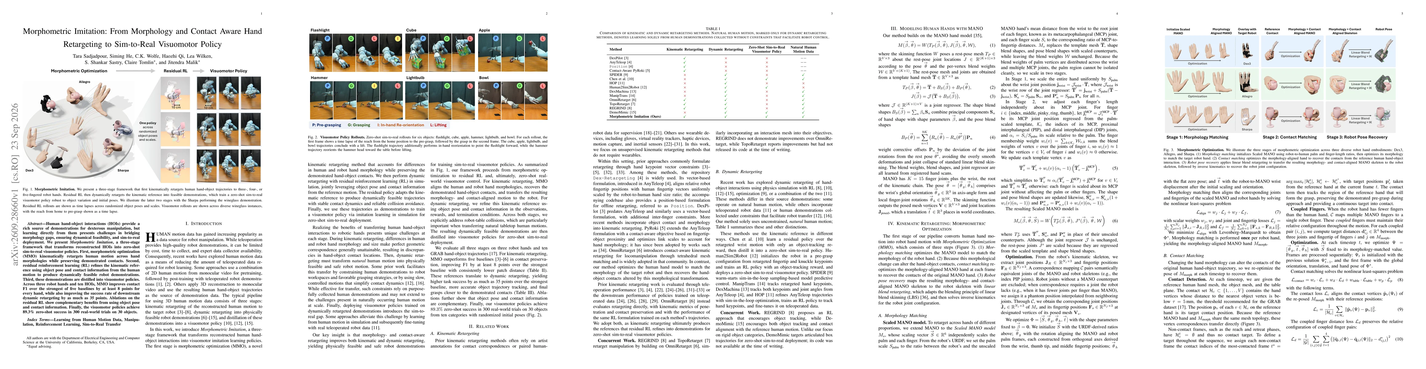 Thumbnail for Morphometric Imitation: From Morphology and Contact Aware Hand Retargeting to Sim-to-Real Visuomotor Policy