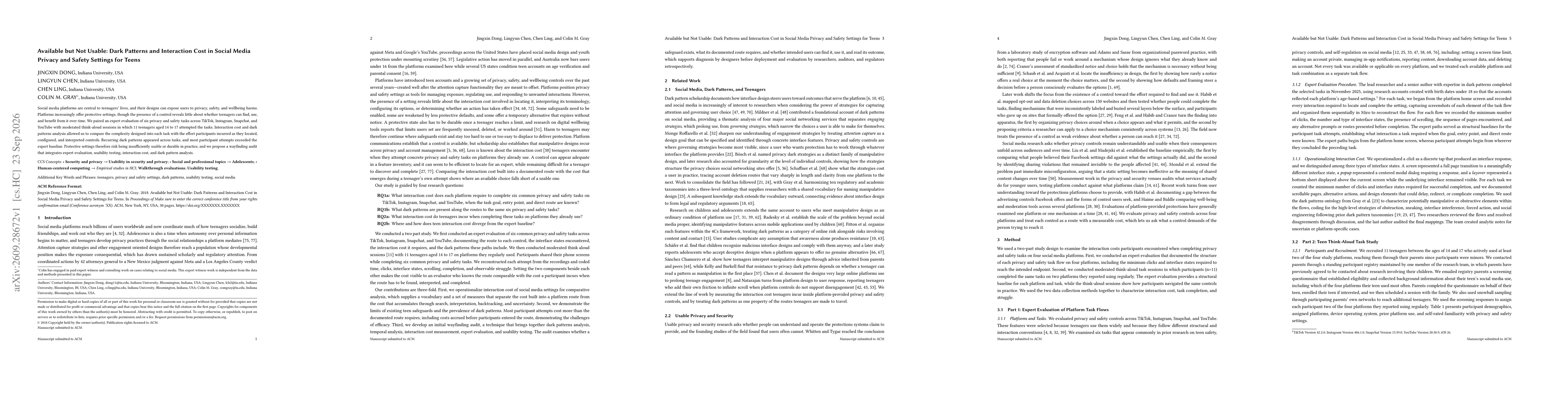 Thumbnail for Available but Not Usable: Dark Patterns and Interaction Cost in Social Media Privacy and Safety Settings for Teens