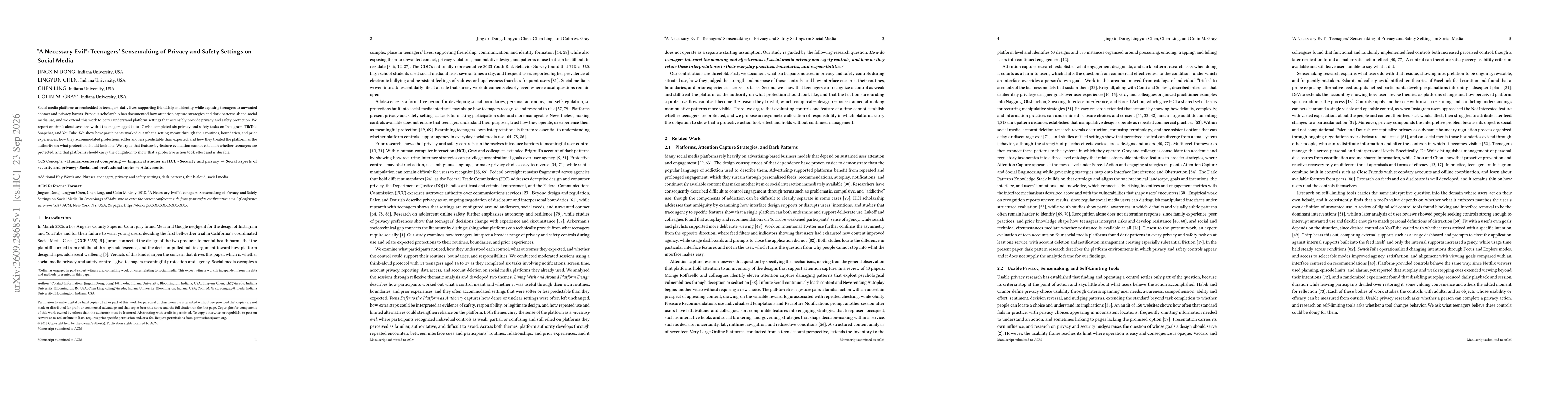 Thumbnail for "A Necessary Evil": Teenagers' Sensemaking of Privacy and Safety Settings on Social Media
