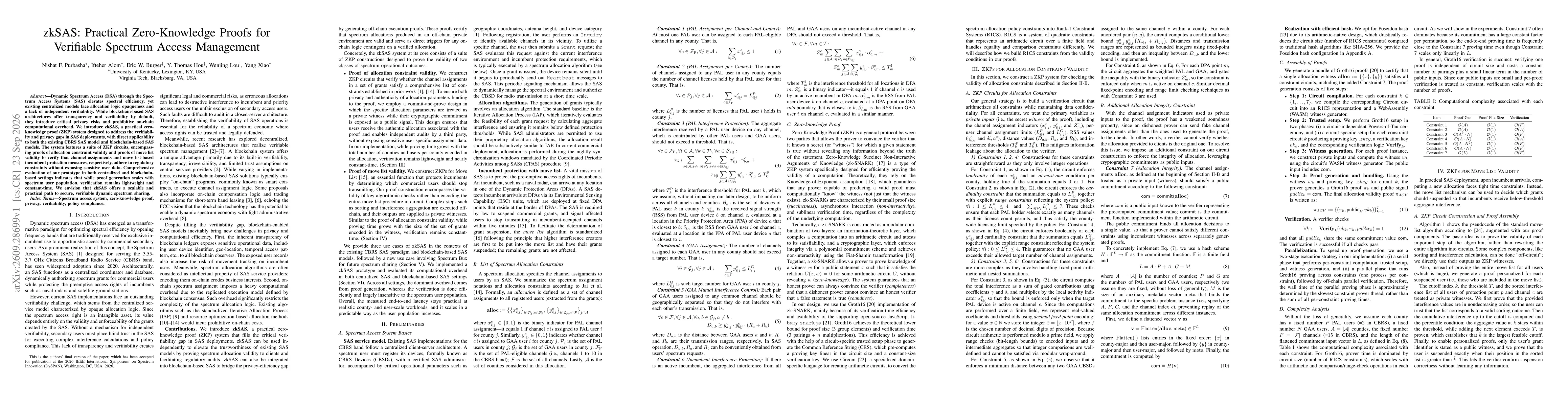 Thumbnail for zkSAS: Practical Zero-Knowledge Proofs for Verifiable Spectrum Access Management