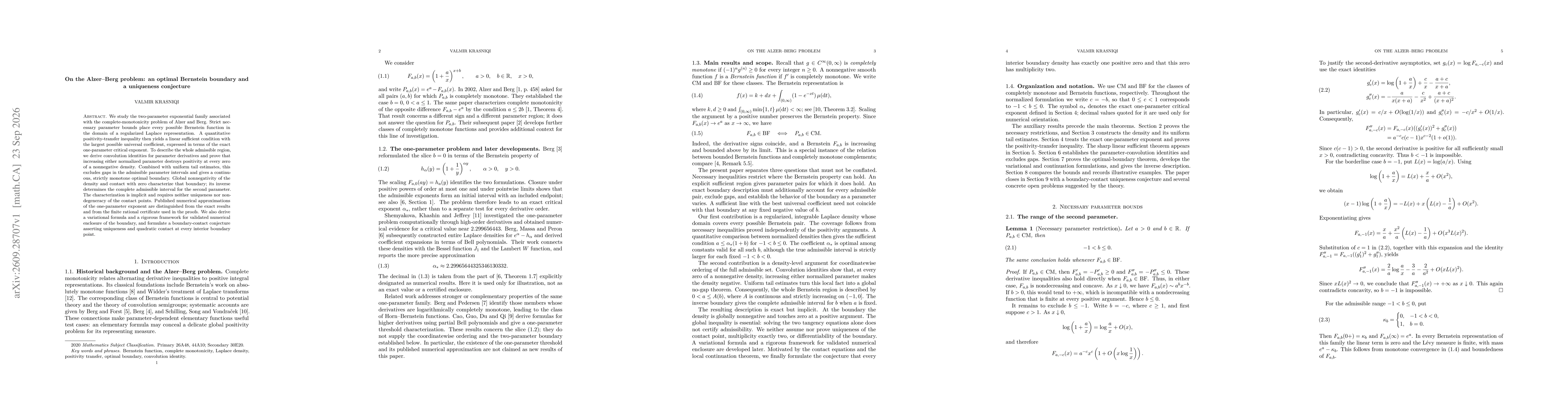 Thumbnail for On the Alzer-Berg problem: an optimal Bernstein boundary and a uniqueness conjecture