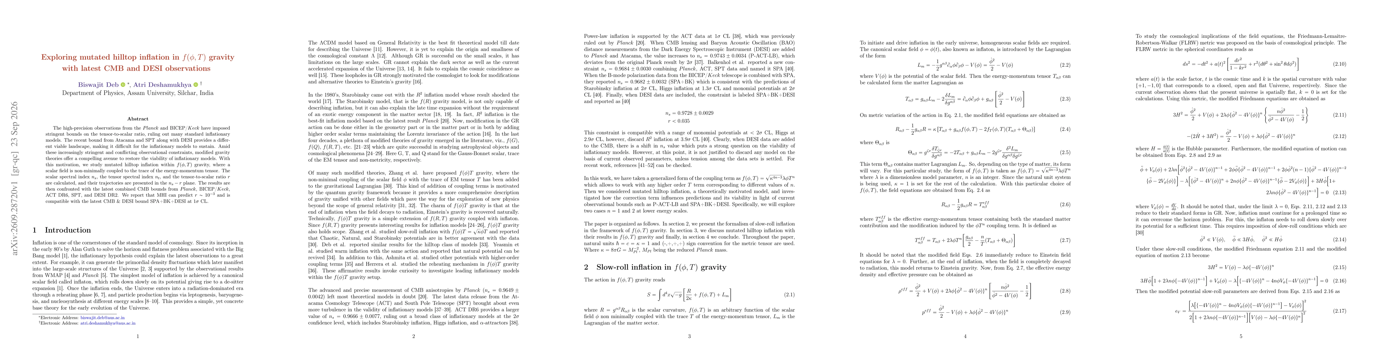 Thumbnail for Exploring mutated hilltop inflation in $f(φ, T)$ gravity with latest CMB and DESI observations