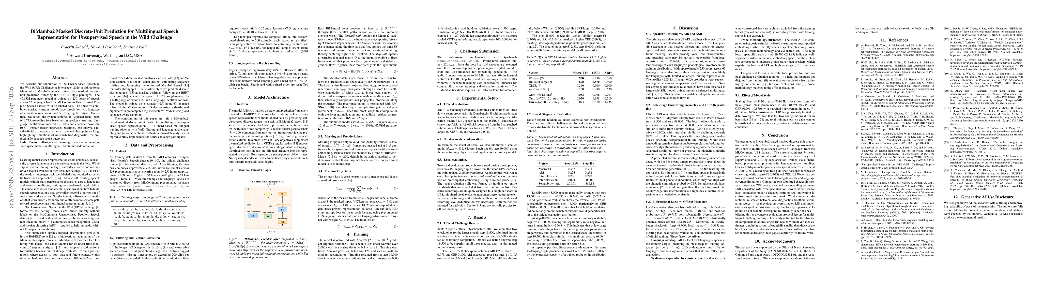 Thumbnail for BiMamba2 Masked Discrete-Unit Prediction for Multilingual Speech Representation for Unsupervised Speech in the Wild Challenge